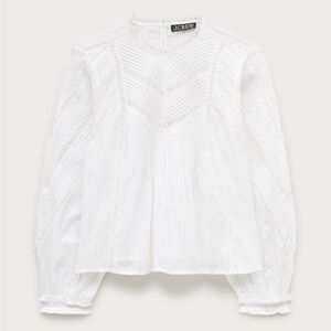 J. Crew White Lace-Trim Pintuck Peasant Top